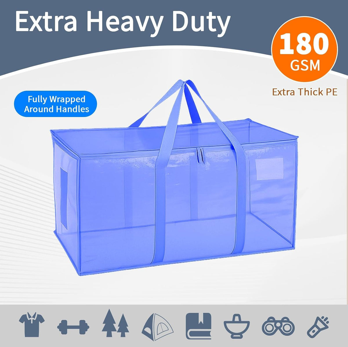 Moving Bags Extra Large - Heavy Duty Storage Totes with Wrap-Around Handles & Reinforced Zippers - Foldable Moving Box Alternative, Water-Resistant for Dorm, Closet & Under Bed Storage (Clear)