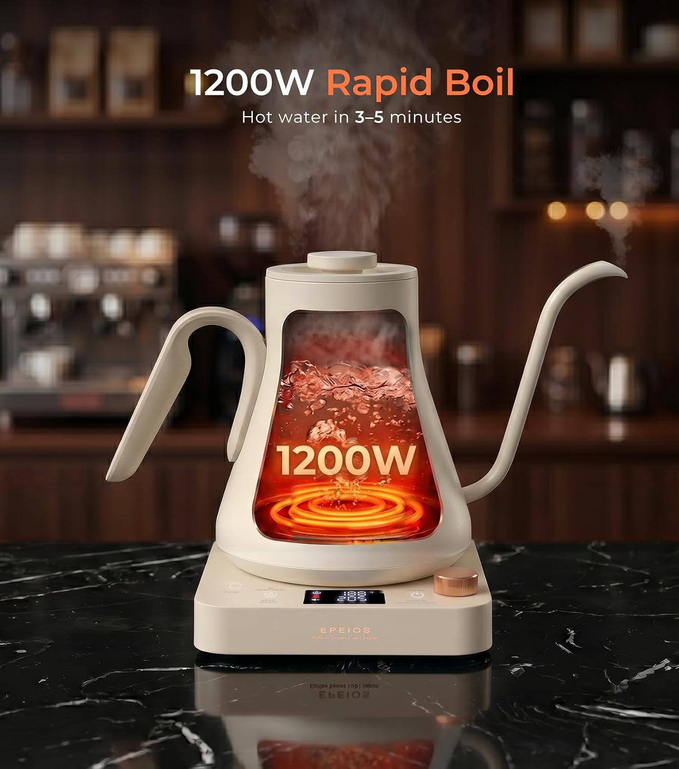 Epeios Electric Kettle, Gooseneck Electric Kettle with ±1°F Temperature Control, 1200W Rapid Heating for Pour Over Coffee & Tea, 304 Stainless Steel Interior, Auto Shut-Off, 0.9L, Black