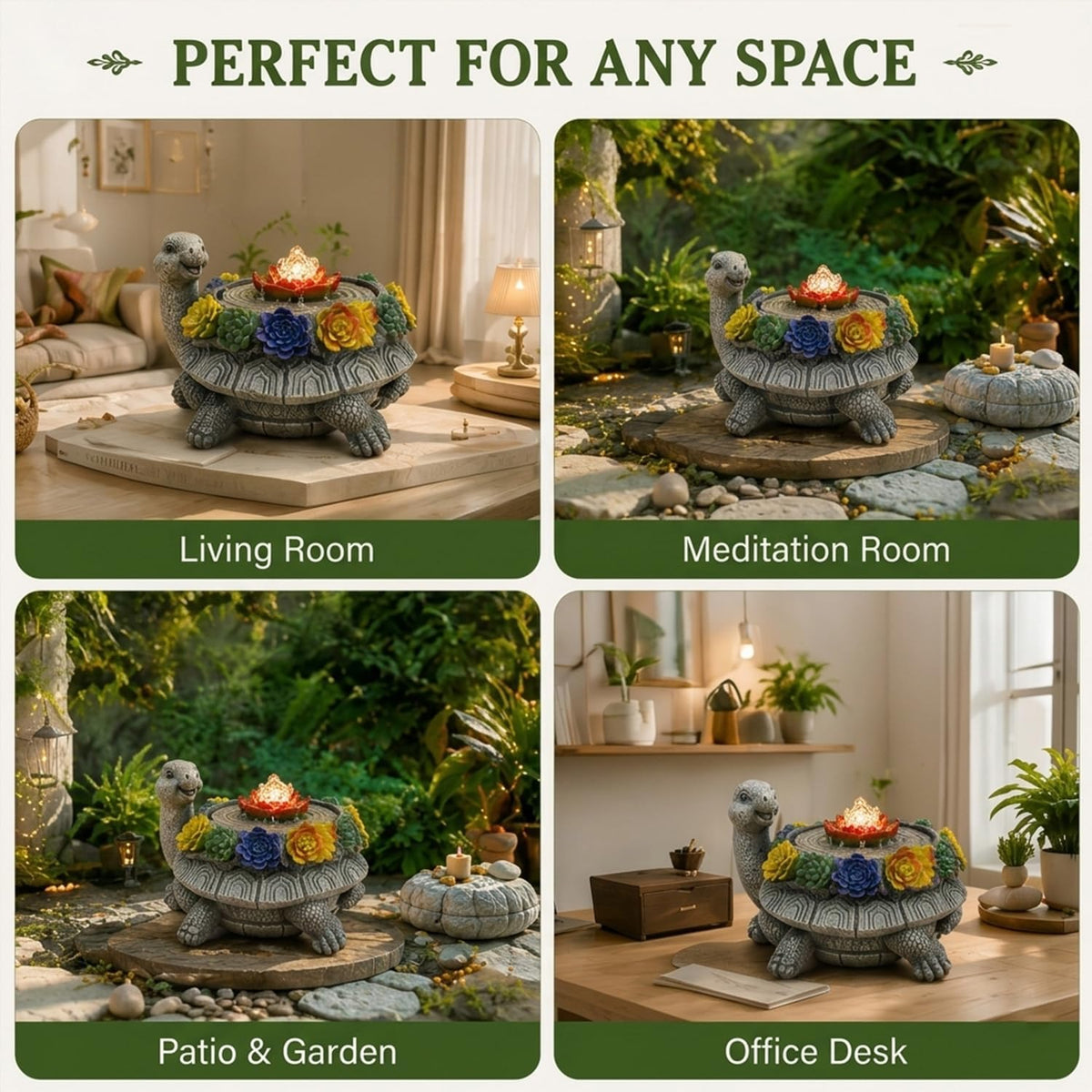 Turtle Tabletop Waterfall Fountain with LED Lights – 11″ Desktop Home Office Decor, Quiet Indoor Water Feature Humidifier, Feng Shui Lucky Turtle Gift