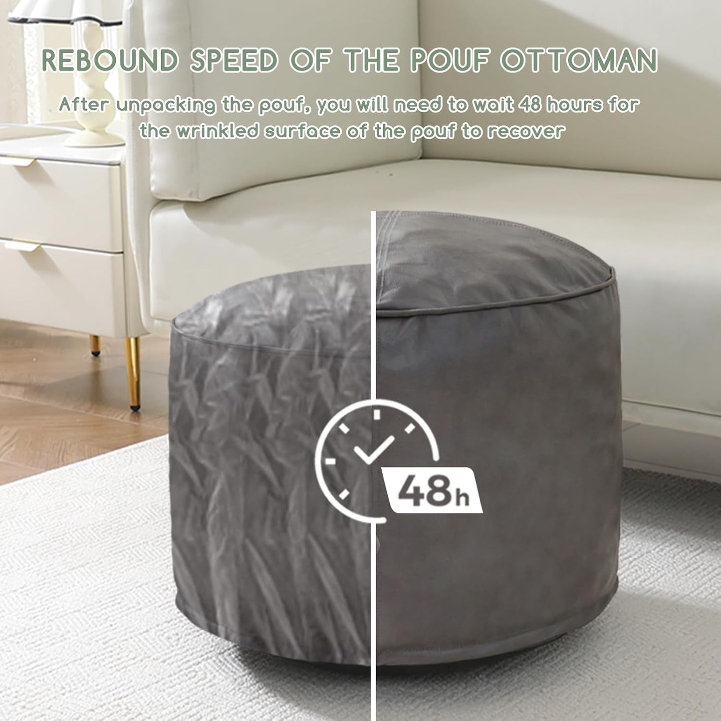 HIGOGOGO Round Stuffed Pouf Ottoman, Pu Leather Poufs with Foam Chunk Filling, Furry and Fluffy Pouf Foot Stool Storage Ottoman, 20 X 15 Floor Poufs Foot Rest for Living Room,Dark Brown