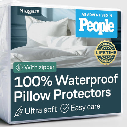 Niagara 4 Pack Waterproof Pillow Protectors Standard 20x26 Inches Smooth Zipper Premium Encasement Covers Quiet Cases Set White