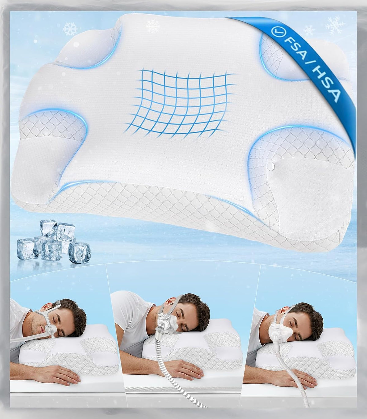 IKSTAR HSA/FSA Cooling CPAP Pillow for Side Sleepers - Sleep Apnea Pillow for CPAP User - Reduce Air Leak/Hose Tangle/Mask Pressure - Memory Foam Neck Support Nasal Pillows Side/Back/Stomach Sleeper
