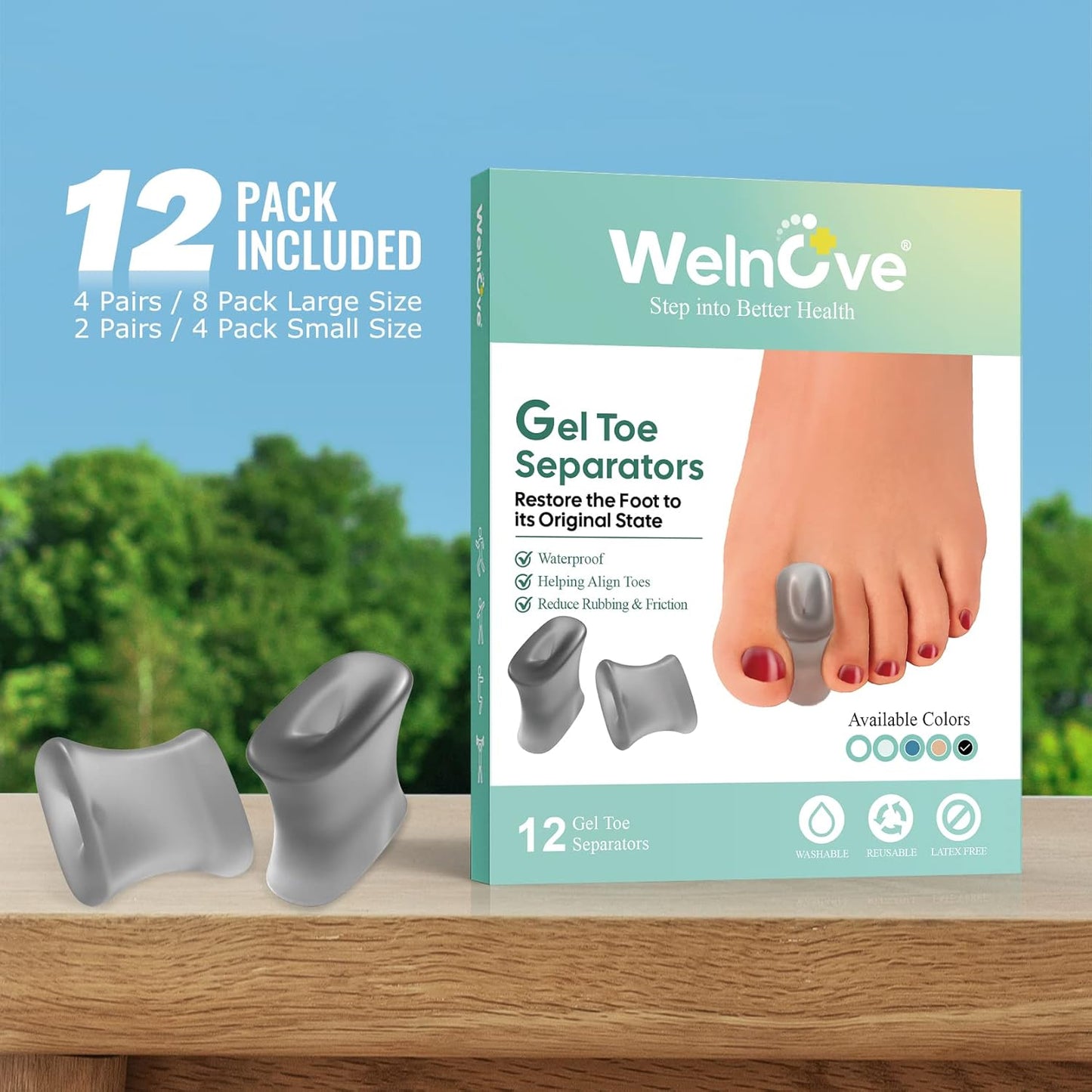 Welnove 12-Pack Gel Toe Separators – Bunion Pads – Toe Spacers for Straightening Overlapping Toes for Men and Women - Transparent