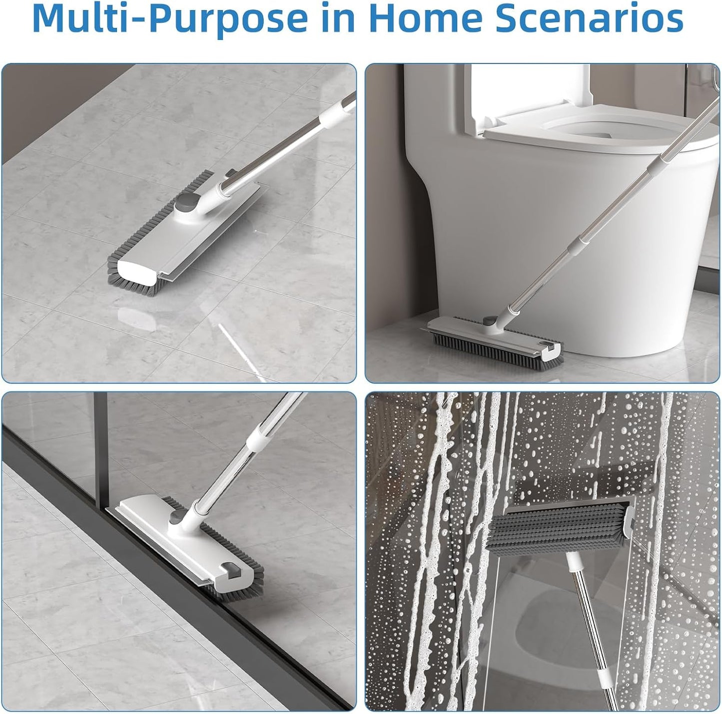 Scrub Brush with Long Handle, Floor Scrub Brush Squeegee Broom for Cleaning, 3 in 1 Shower Scrubber Floor Broom Squeegee for Concrete Tile Wall Deck Patio Grey