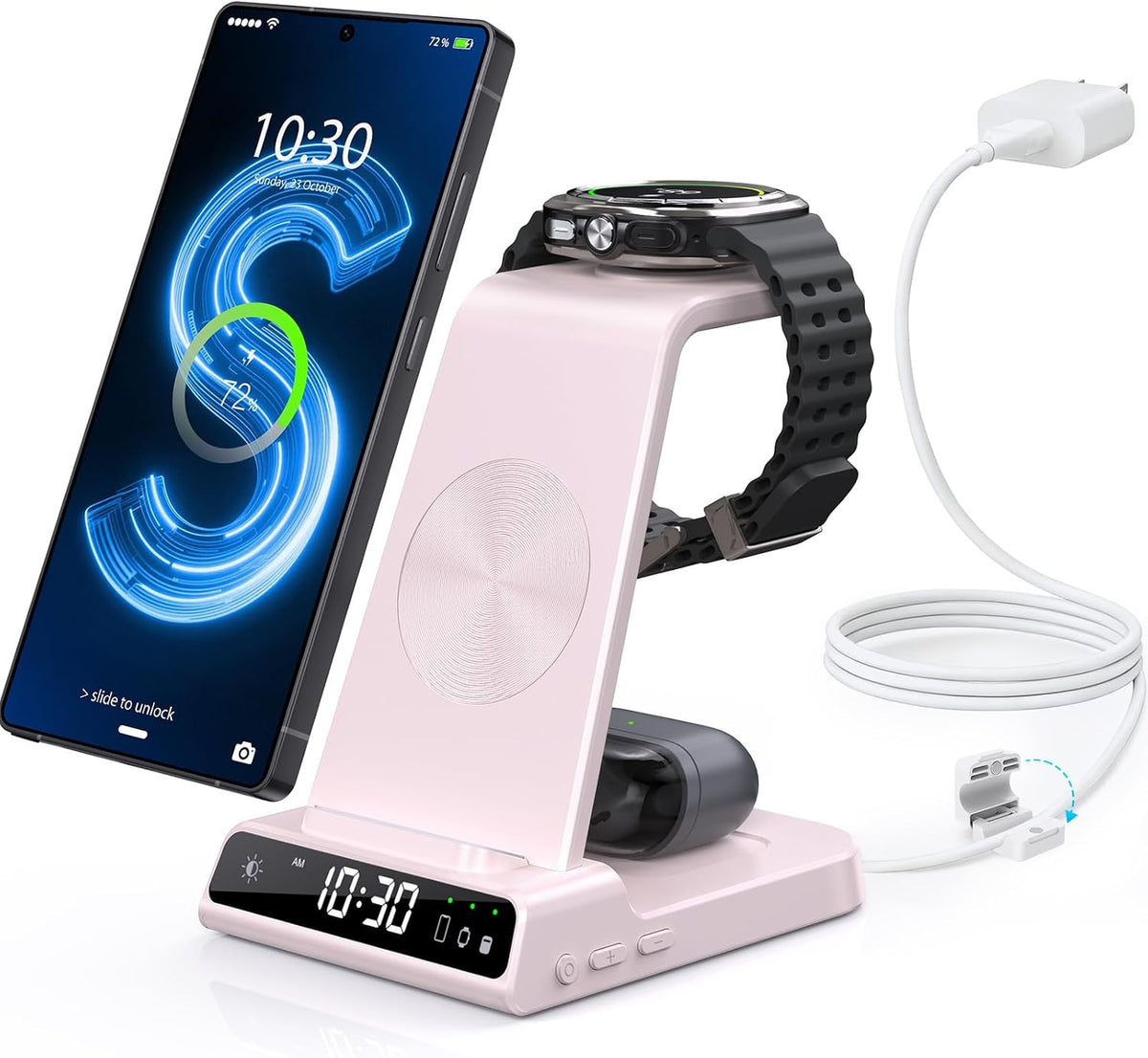 Wireless Charger for Samsung S25 with Clock 3 in 1 Android Charging Station