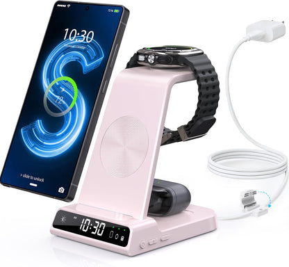Wireless Charger for Samsung S25 with Clock 3 in 1 Android Charging Station