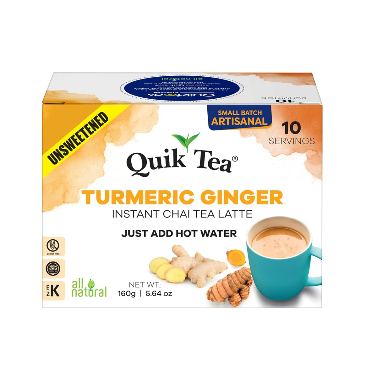 QuikTea Instant Chai Latte Mix, Turmeric Ginger, Unsweetened, 10 Sachets