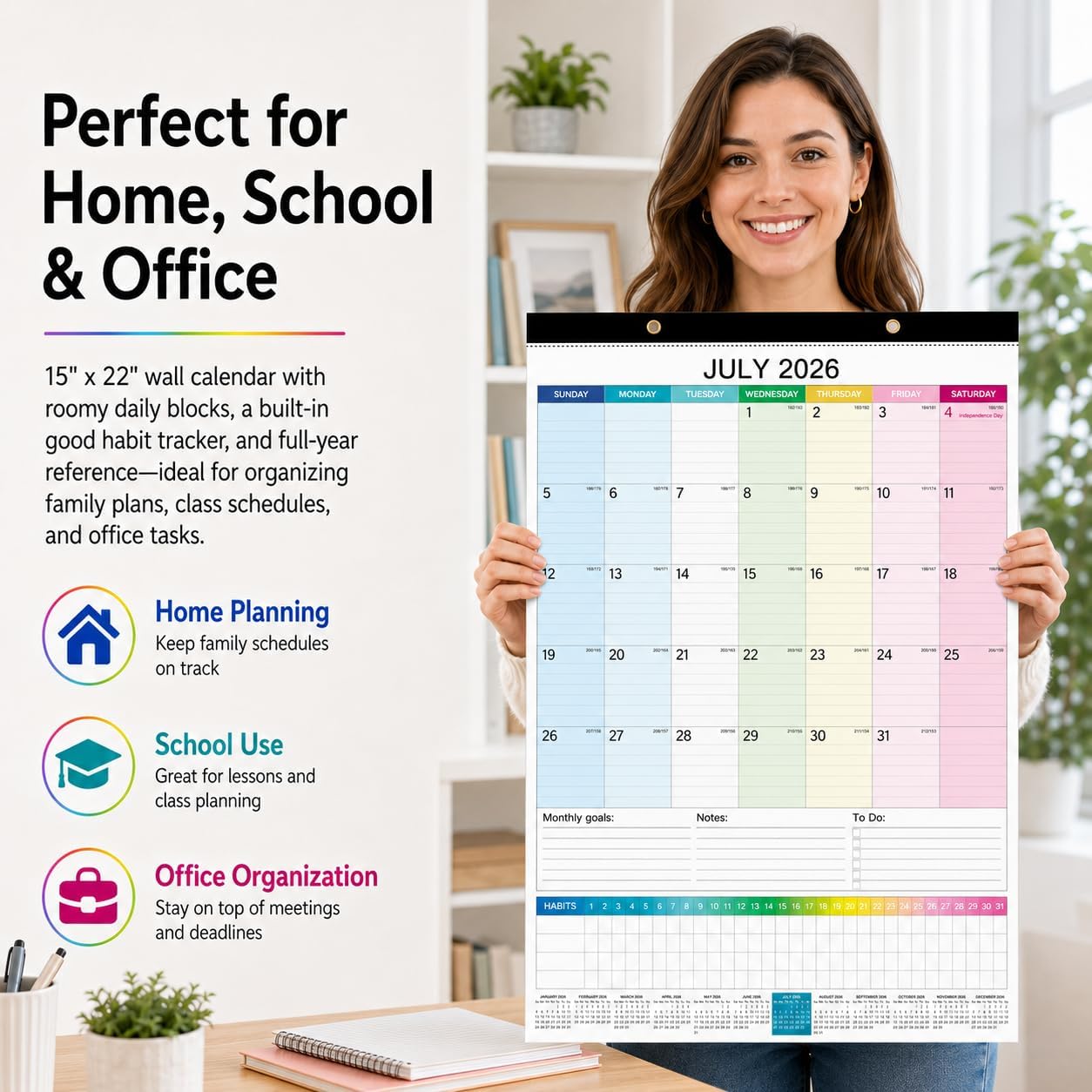 Large Wall Calendar 2026-2027, 18-Month Wall Calendar from July 2026 to December 2027, 15" x 22" 2026 Wall Calendar with Spacious Blocks, Julian Dates, Habit Tracker & Full-Year Reference for Home Office School Colorful
