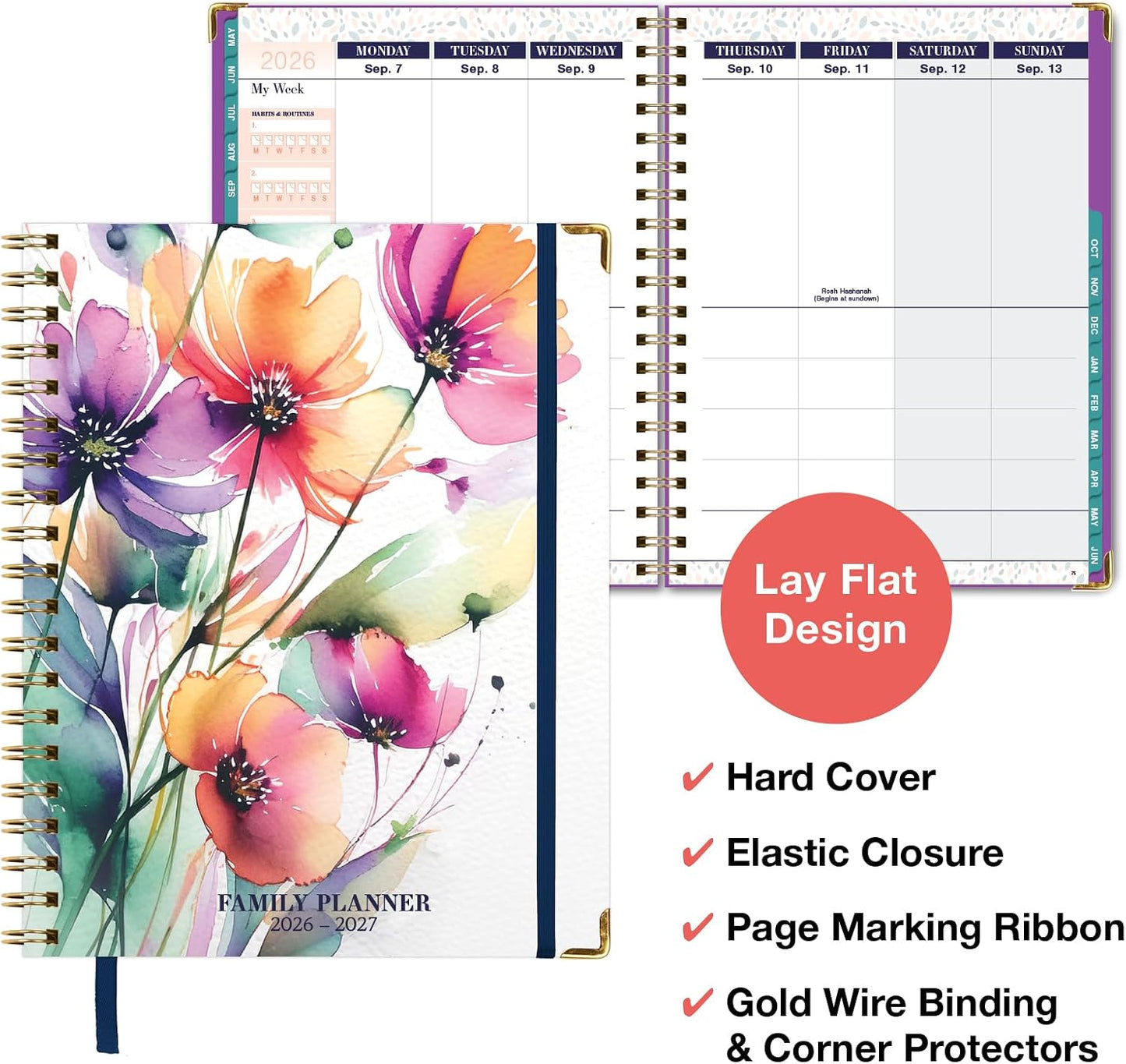 FAMILY PLANNER ORGANIZER – 8.5" x 11" Weekly & Monthly Calendar (May 2026-Jun 2027). 5+ People, Meal Planning, Budgeting, Habit Tracker – Hardcover, Household Schedule Organizer for Parents, Kids, & Caregivers (Navy Gold Numbers)