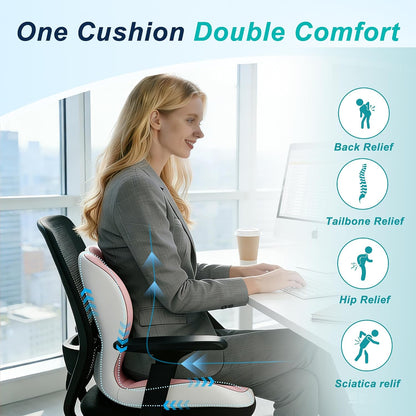 Seat Cushion for Office Chair and Car, Lumbar Support Pillow for Office Chair, Memory Foam Ergonomic Seat Cushion for Long Sitting, Back & Tailbone Pain, Sciatica - Dark Gray & Light Gray