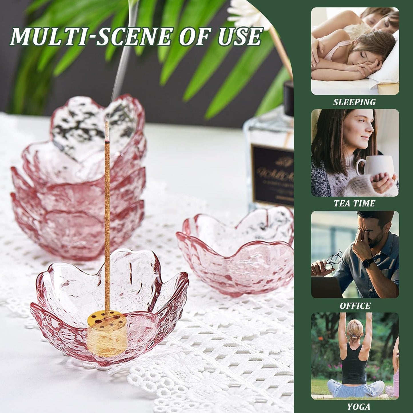Incense Holder for Sticks and Backflow Incense, Handmade Glass Cherry Blossom Incenses Stick Holder with 9 Incenses Holes Incenses Burner Ash Catcher Ideal for Incense Burning, Home & SPA Decor