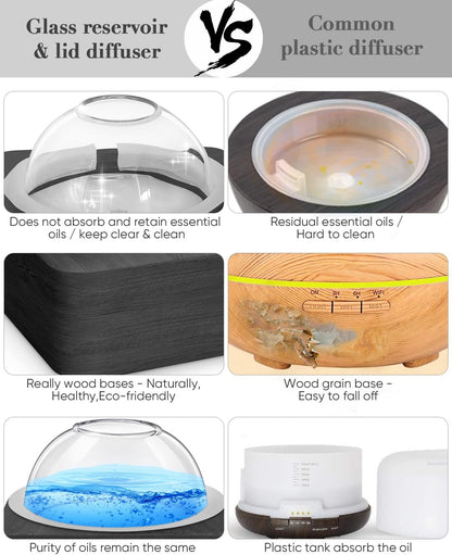 Glass Dome Essential Oil Diffuser with Glass Reservoir & Wood Base-No Plastic, 200ml Ultrasonic Diffuser for Aromatherapy with Timer 7 Color Light Auto-Off for Home Office Yoga Pilates
