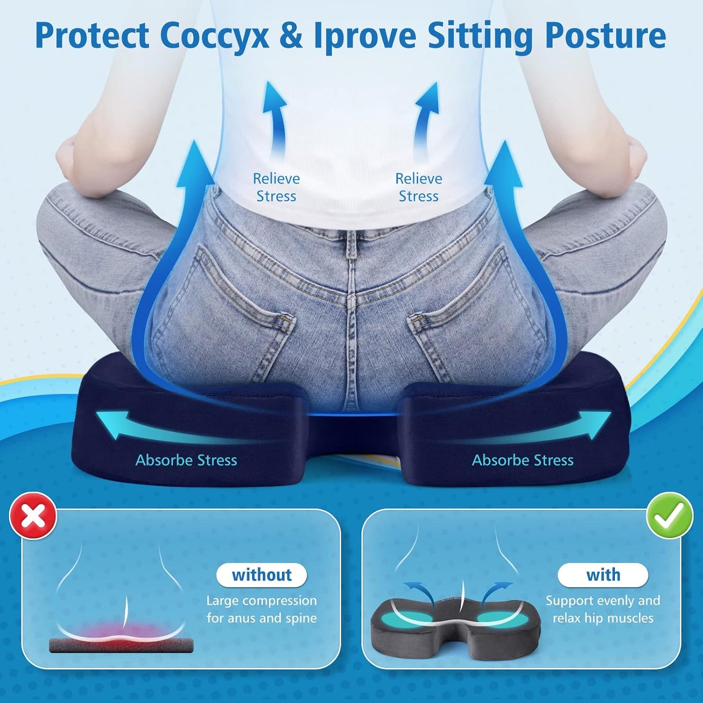 CloudBliss Gel Seat Cushion - Cooling Gel Enhanced Memory Foam Ergonomic Seat Cushion for Long Sitting for Office, Game, Car, Automotive, Airplane (Large, Black)