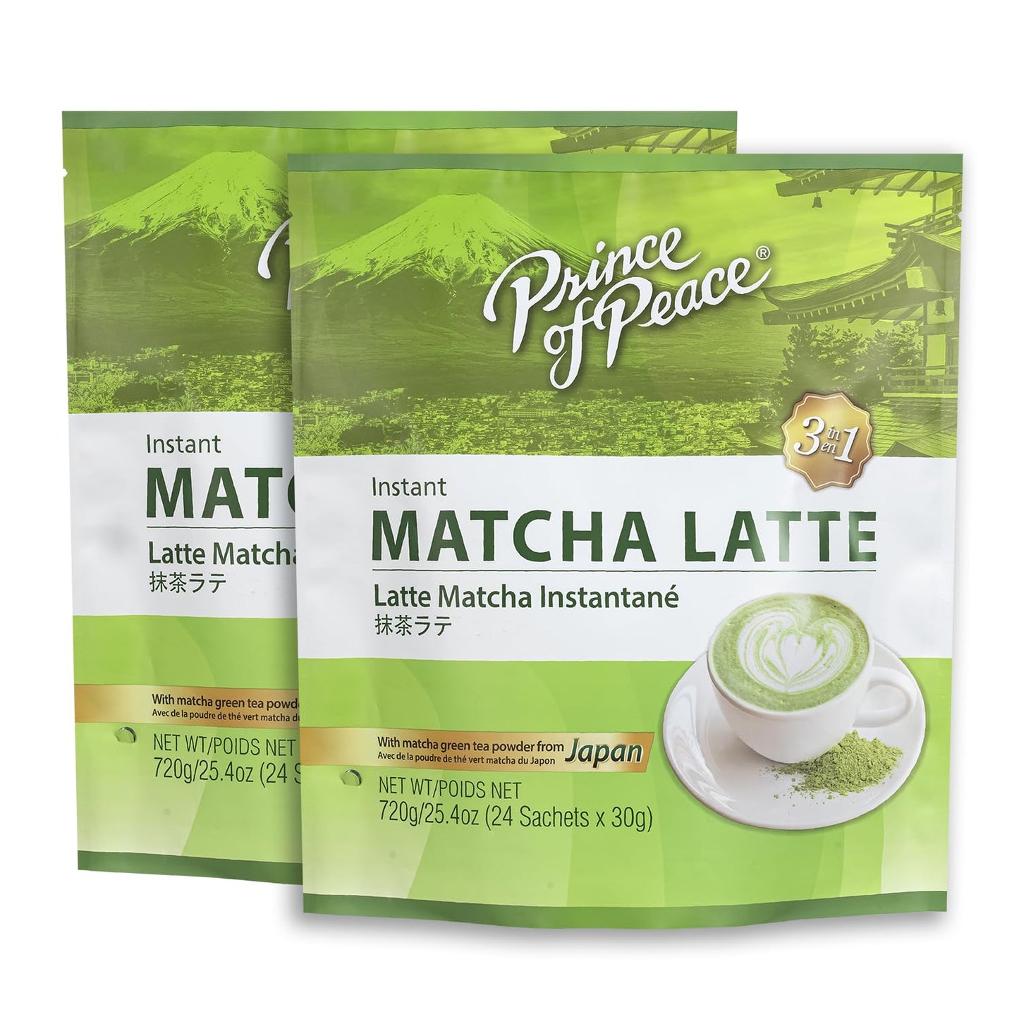 Prince of Peace 3 in 1 Matcha Latte Instant Beverage, 24 Sachets – Made with Matcha Powder from Japan - Instant Hot or Cold Beverage – Easy to Brew – Rich and Creamy Taste – Just Add Water