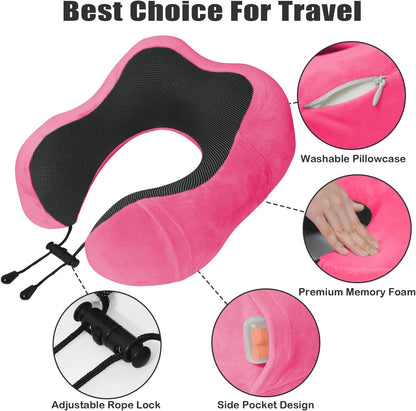 Travel Pillow, Memory Foam Neck Pillow for Traveling, U Shape Neck Pillow Airplane Portable Flight Pillow Travel Kit with 5D Contoured Eye Masks and Earplug for Plane Train Car Home Office