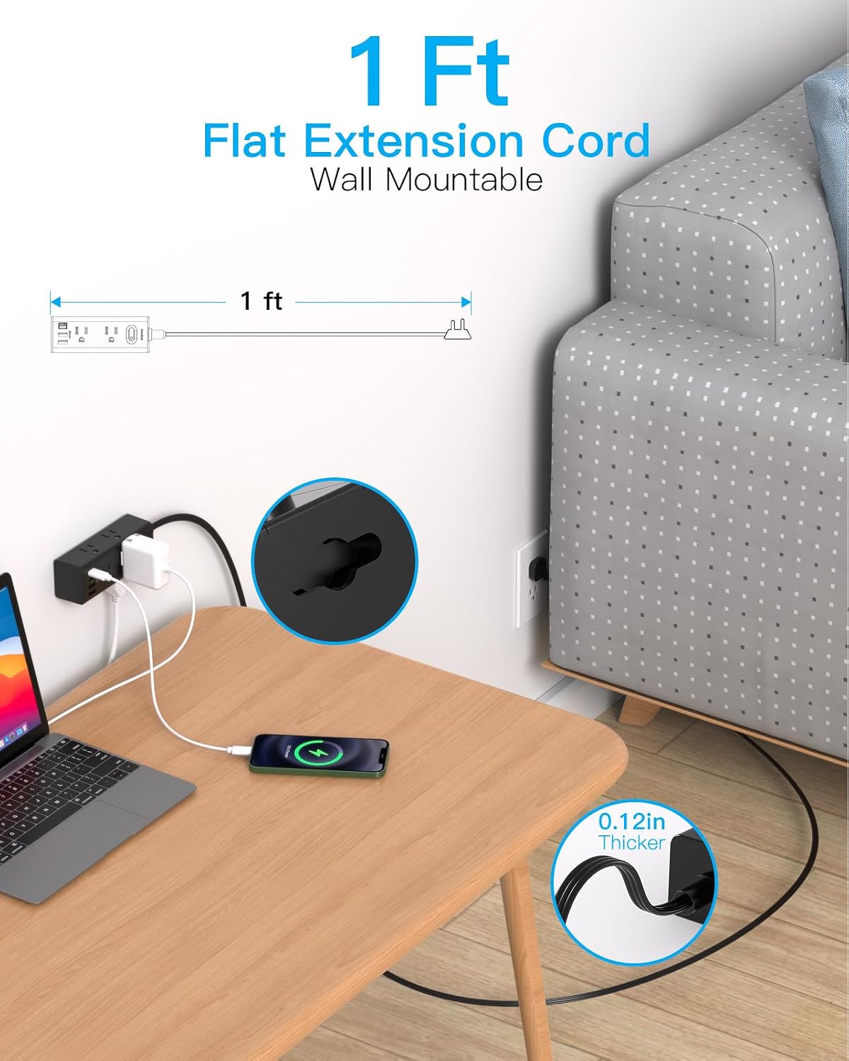 One Beat 10Ft Extension Cord with Multiple Outlets,Flat Plug Power Strip