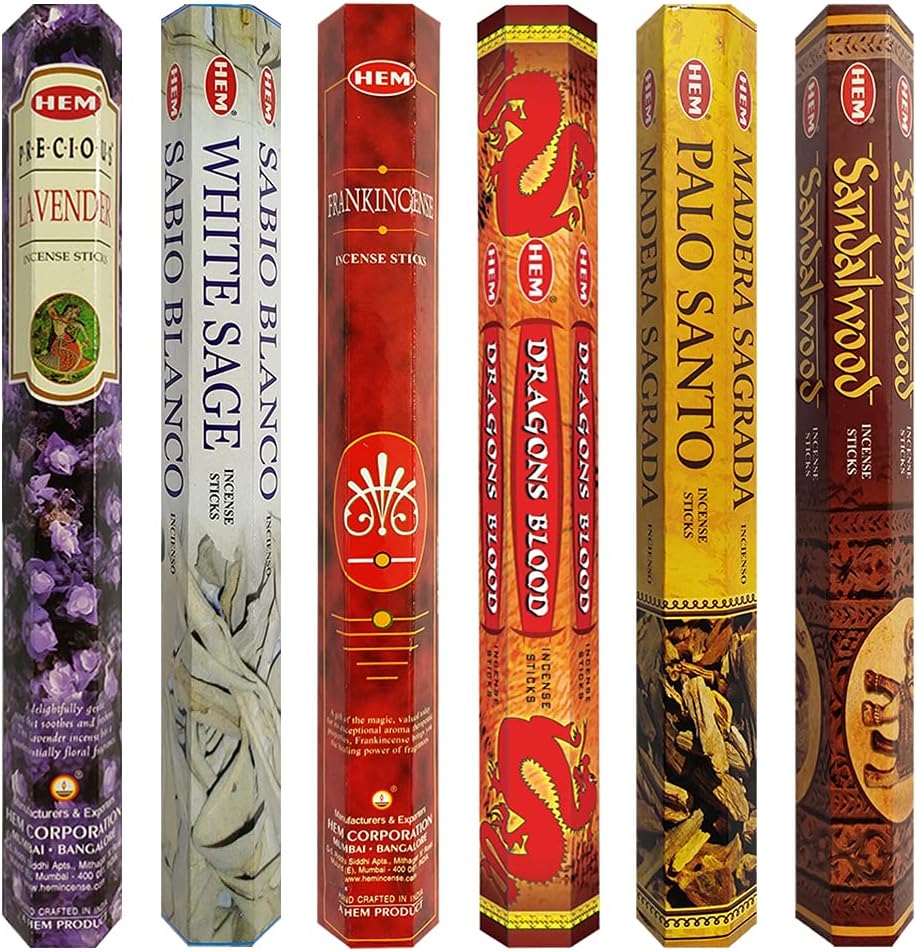 Hem Incense Sticks Variety Pack #23-120 Insence-Sticks (6 Incents x 20 Insense) + Incense Stick Holder with 6 Most Liked Scents Including Patchouli Dragons Blood White Sage Frankincense-Myrrh