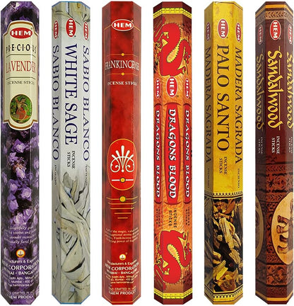 Hem Incense Sticks Variety Pack #23-120 Insence-Sticks (6 Incents x 20 Insense) + Incense Stick Holder with 6 Most Liked Scents Including Patchouli Dragons Blood White Sage Frankincense-Myrrh