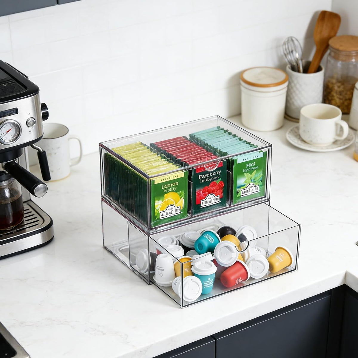 CLUQMEIK 2 Large Acrylic Tea Bag Organizer, 9 Grids Tea Organizers and Storage with Acrylic Drawers Stackable, Teabag Holder Organizer for Counter Countertop Kitchen Cabinet