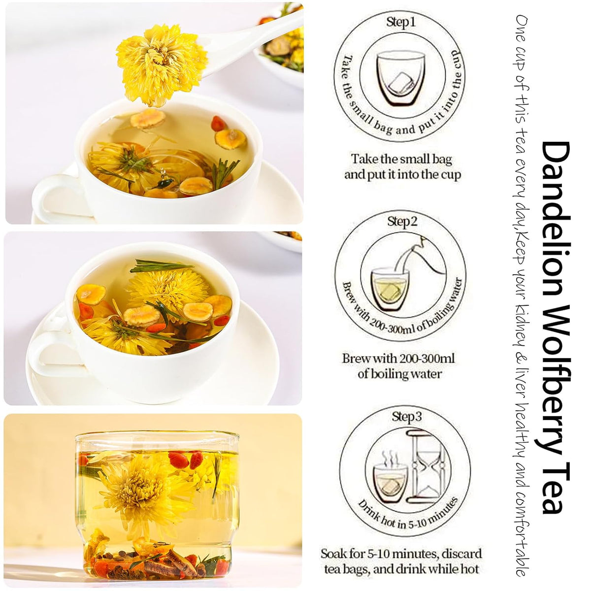 Dandelion Wolfberry Tea - Kidneys & Liver Health Tea, Seven Herbal Ingredients Natural Blend, Dandelion Herbal Tea Bags Organic 120g/12PC (1Bag(12Pcs))