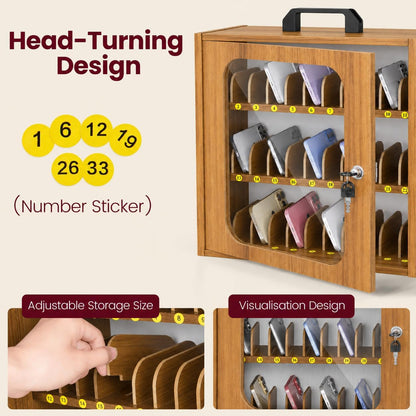 Cell Phone Caddy for Classroom, Adjustable 33 Slots Phone Locker Box for School Home Office Management Easy Assembly Wooden Cellphone Storage Cabinet for Teacher