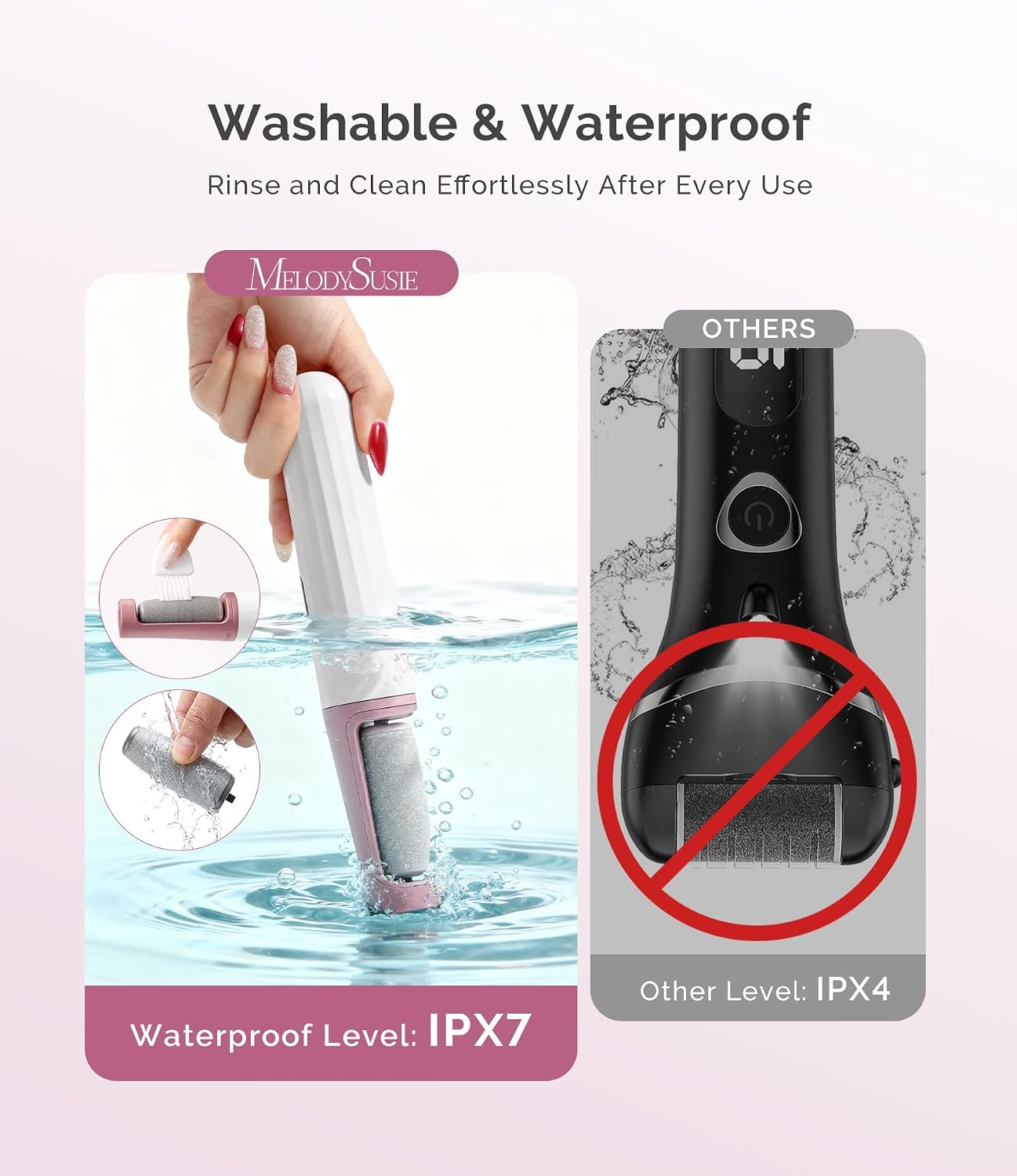 MelodySusie Electric Callus Remover for Feet, PC800G Waterproof Rechargeable Pedicure Tool with Light & 3 Different Grits Roller Heads & Adjustable Speeds, for Dead Skin & Cracked Heel (Pink Rose)