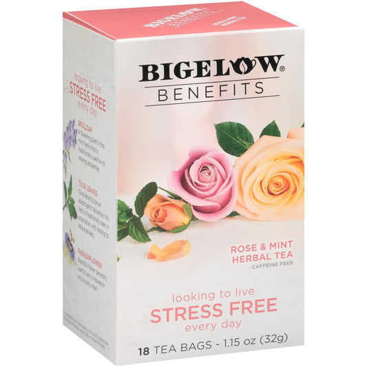 Bigelow Tea Benefits Stress Free Rose and Mint Herbal Tea, 18 Count