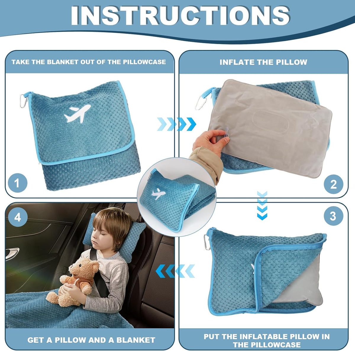 Travel Blanket Airplane Compact with Bag, Travel Essentials 3 in 1 Packable Airplane Blanket, Travel Pillow and Blanket Set, Inflatable Pillow, Luggage Sleeve & Backpack Clip (Light Grey)