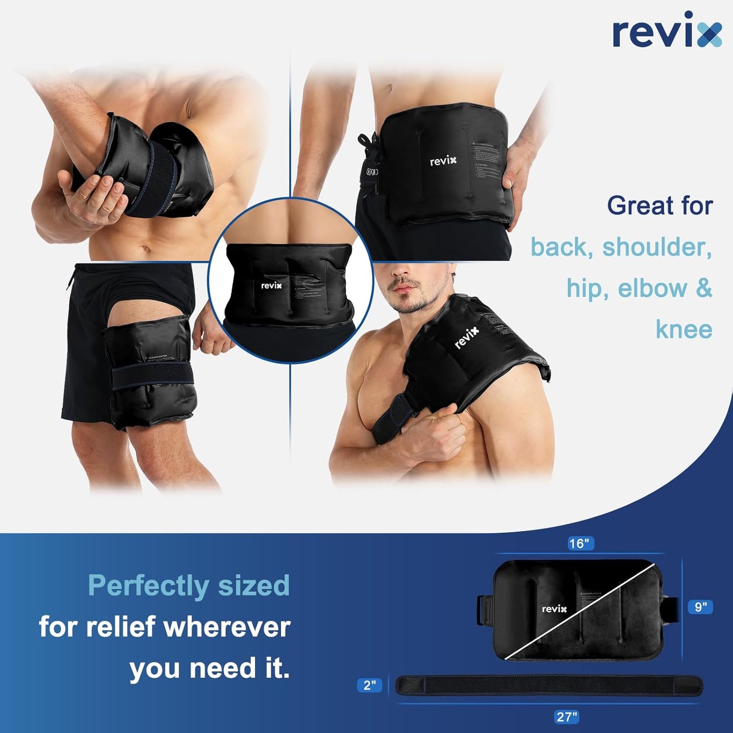 REVIX Ice Pack for Injuries Reusable Gel for Lower Back, Cold Packs for Back Shoulder, Elbow, Hip, Leg, Wrap Around Entire Knee, Soft Cold Compress,16 × 9" Navy