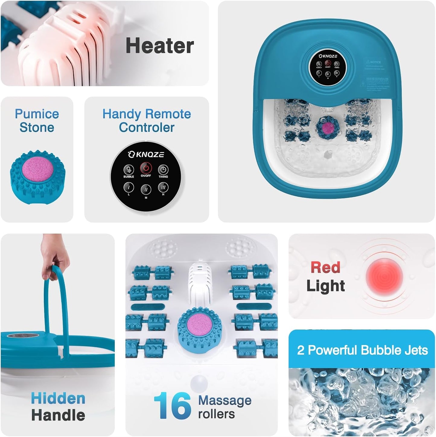 KNQZE Collapsible Foot Spa Bath with Heat & Remote Control, Bubble Massage, Temperature Control, Red Light, Timer, 16 Rollers & Pumice Stone for a Soothing Spa Experience