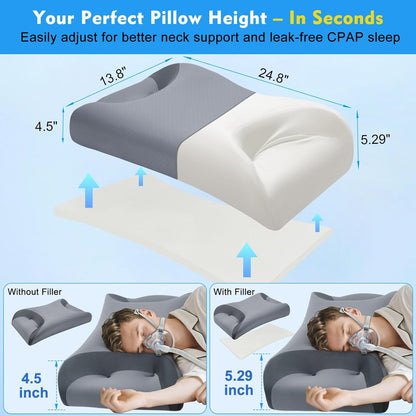Adjustable CPAP Pillow for Side & Back Sleepers – Reduce Mask Air Leaks & Pressure, Cervical Memory Foam Neck Support with 2cm Removable Insert, Cooling Washable Cover – Fits Full Face & Nasal Masks