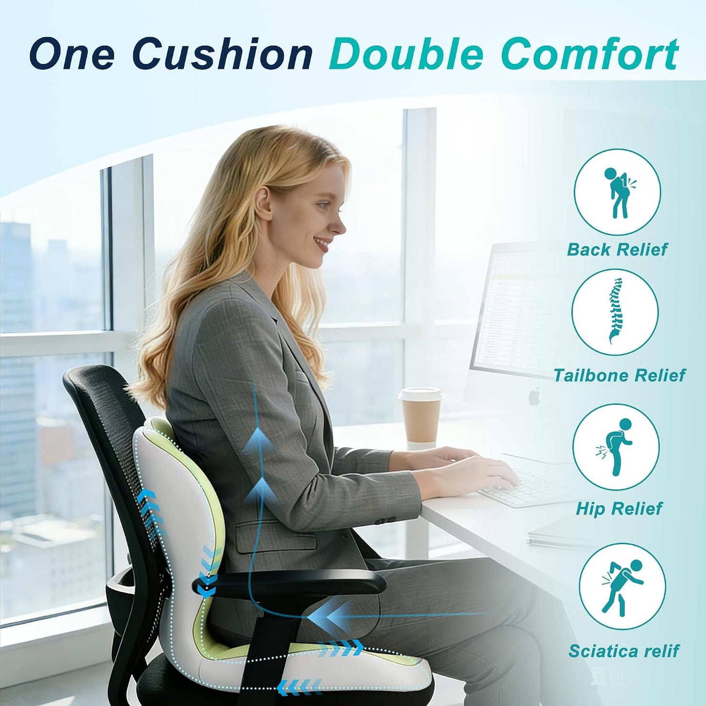 Seat Cushion for Office Chair and Car, Lumbar Support Pillow for Office Chair, Memory Foam Ergonomic Seat Cushion for Long Sitting, Back & Tailbone Pain, Sciatica - Dark Gray & Light Gray