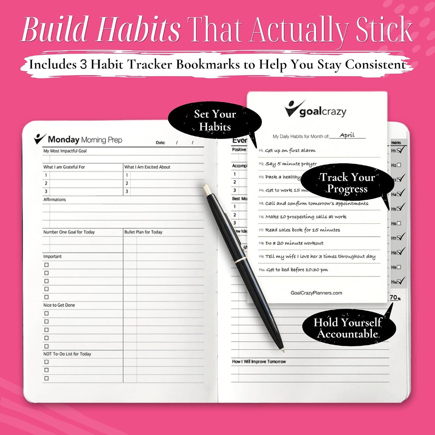 Goal Crazy Undated Planner – 90 Day Guided Journal & Productivity Organizer, A5 Daily & Weekly Planner with Goal Setting, Habit Tracker, To Do List, Academic & Work Calendar, Leather Hardcover - Black