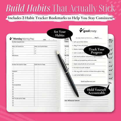 Goal Crazy Undated Planner – 90 Day Guided Journal & Productivity Organizer, A5 Daily & Weekly Planner with Goal Setting, Habit Tracker, To Do List, Academic & Work Calendar, Leather Hardcover - Black