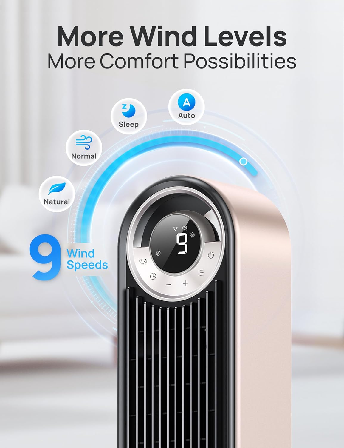 DREO Tower Fan for Bedroom, Upgraded DC 9 Speeds 20dB Ultra-Quiet Floor Fan, 90° Oscillating Fans with 28ft/s Velocity, 12H Timer, Standing Fan, Bladeless Fan Powerful for Home, Black