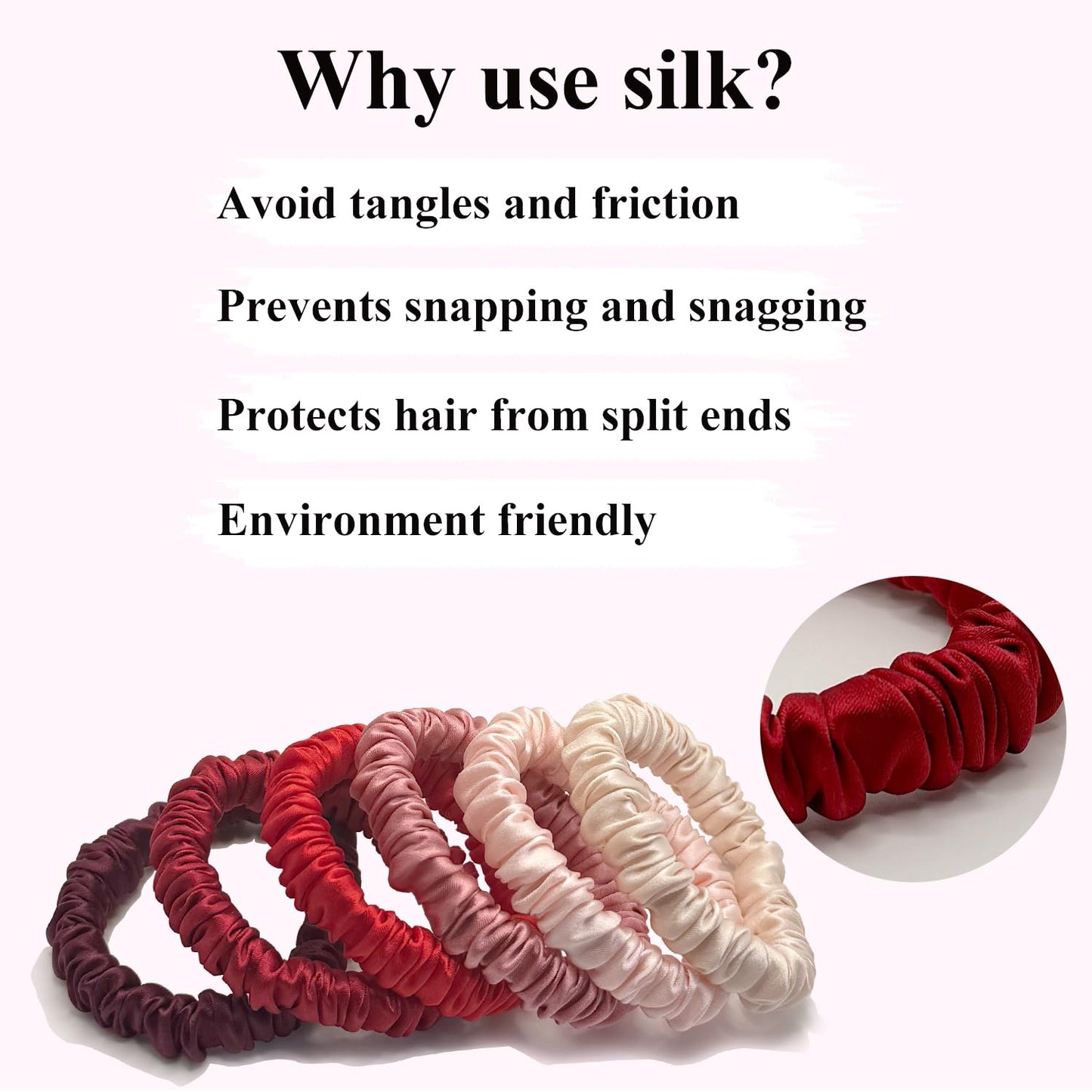 VLOMOT 6 Pcs Set 100% Pure Mulberry Silk Hair Scrunchies - 6 Chic Colors Everyday Skinny Scrunchies Silk Ponytail Holders - No Damage (Purple)