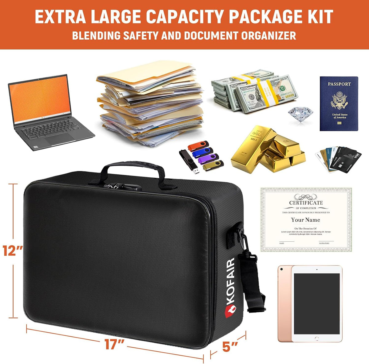 KOFAIR Fireproof Document Bag (16 x 11 x 5 inch) with Lock & Reflective Strip, Fireproof Document Lock Box with Shoulder Strap, Multi-Layer Important Document Safe Storage, Fire Safe File Organizer
