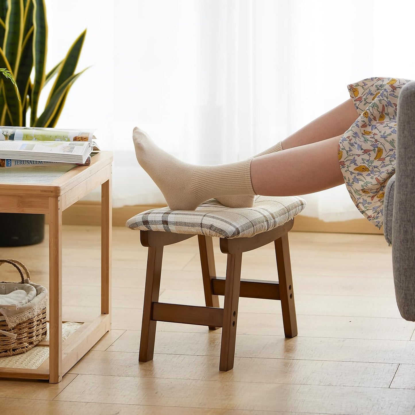 Foot Stool Ottoman Foot Rest Under Desk,Small Stool for Living Room, Bedroom and Kitchen (Brown Legs - Beige Stool Surface)
