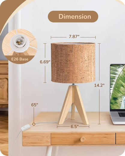 EDISHINE Tripod Table Lamp, Small Cute Bedside Lamp with Linen Beige Lampshade, Nightstand Lamp for Nursery, Bedroom, Kid Room, Living Room, Light Brown Wooden Base, E26 Socket, 14.2 Inch