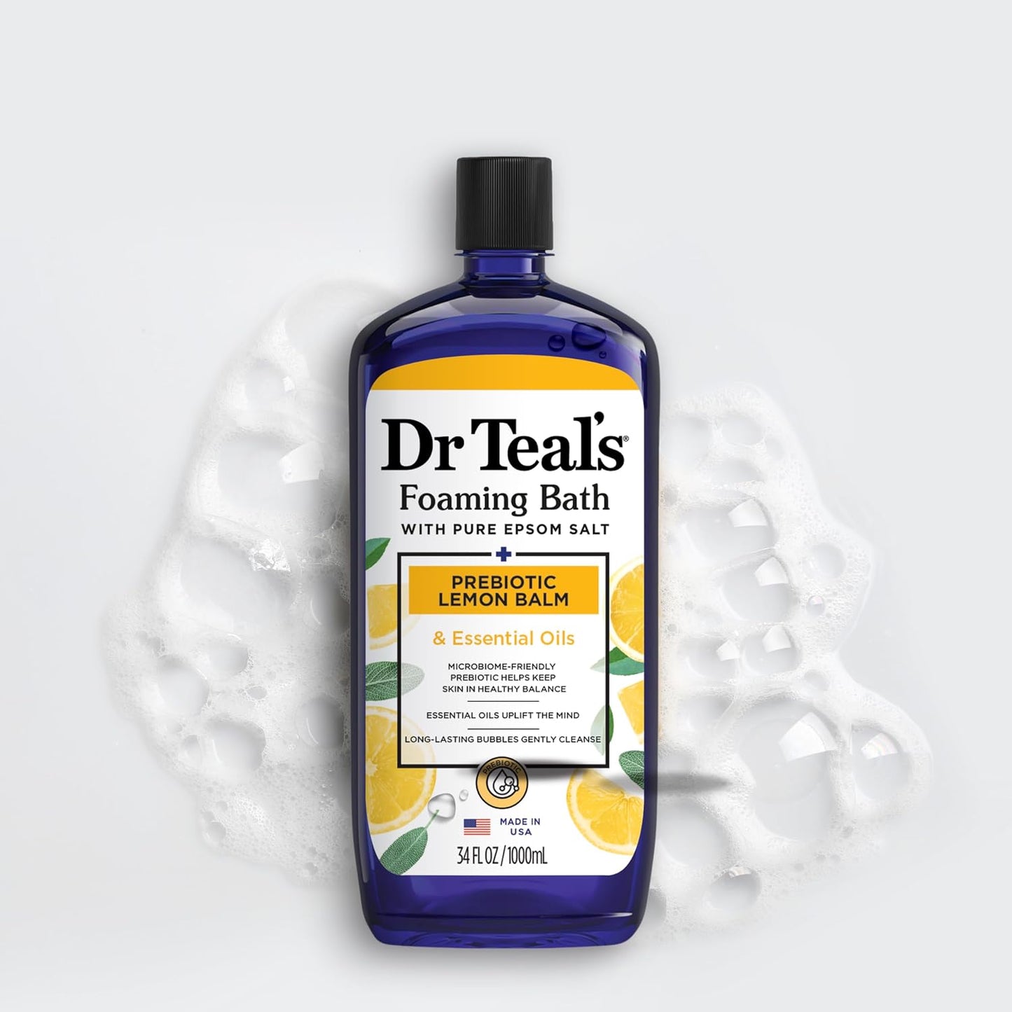 Dr Teal's Foaming Bath with Pure Epsom Salt, Prebiotic Lemon Balm & Essential Oils, 34 fl oz (Pack of 4)