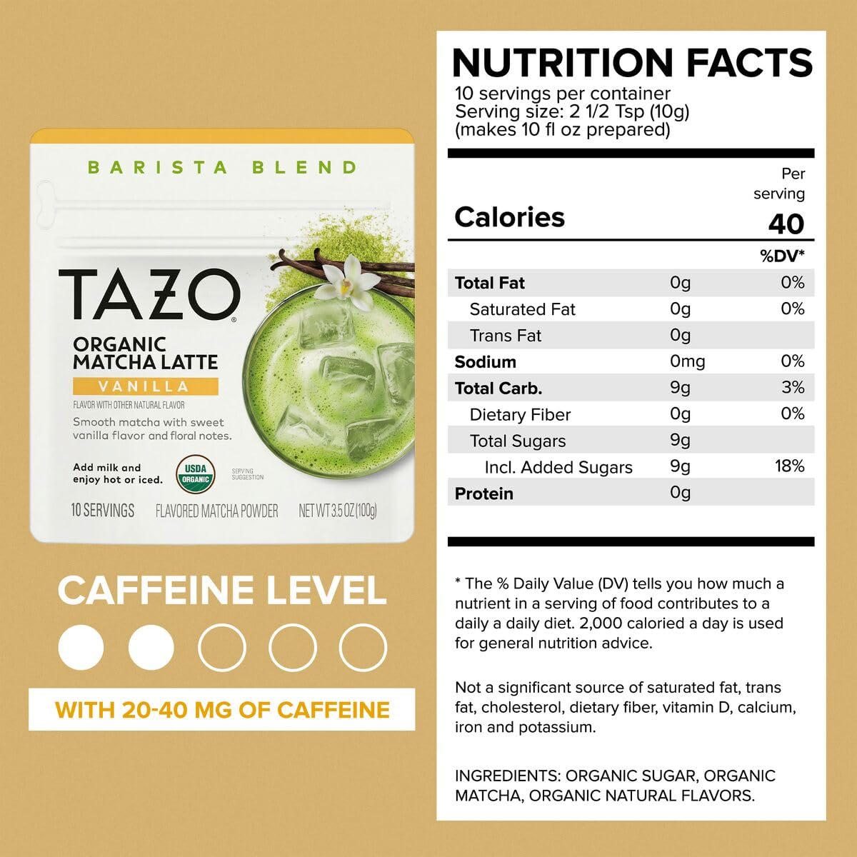 TAZO Organic Classic Matcha Latte Powder, Café Style Matcha Latte Mix, Easy Hot or Iced Matcha Latte, Sweetened with Organic Sugar and Matcha Powder, 10 Servings, 3.5 oz Pouch