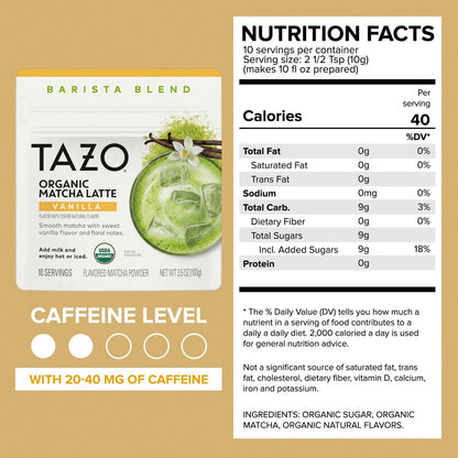 TAZO Organic Classic Matcha Latte Powder, Café Style Matcha Latte Mix, Easy Hot or Iced Matcha Latte, Sweetened with Organic Sugar and Matcha Powder, 10 Servings, 3.5 oz Pouch