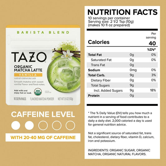 TAZO Organic Classic Matcha Latte Powder, Café Style Matcha Latte Mix, Easy Hot or Iced Matcha Latte, Sweetened with Organic Sugar and Matcha Powder, 10 Servings, 3.5 oz Pouch