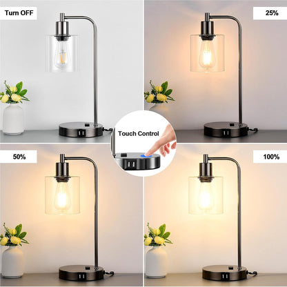 Set of 2 Industrial Touch Control Table Lamps with USB C+A Ports and AC Outlet - 3-Way Dimmable Black Bedside Lamps Nightstand Desk Lamps for Bedroom Living Room, Glass Shade & 2 LED Bulbs Included