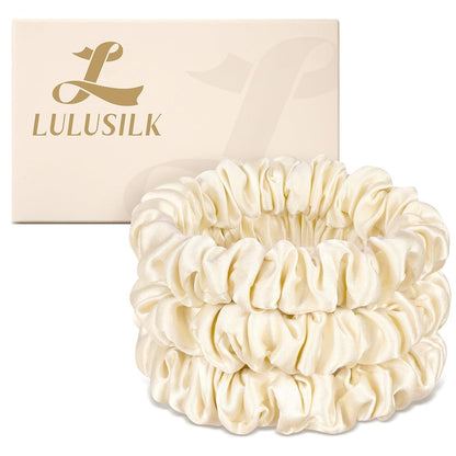 LULUSILK Small Silk Hair Ties No Damage, 100% Real Mulberry Silk, Skinny Scrunchies Ponytail Holders for Thin Fine Hair, Brown, Pack of 3