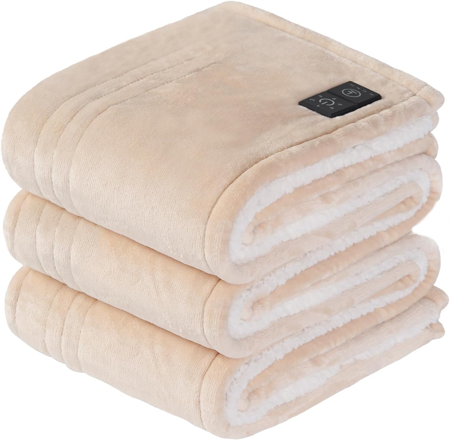 Sealy Heated Blanket Throw with Built-in Button Controller, Reversible Flannel to Sherpa Electric Blanket with 2-10 Hours Auto-Off & 4 Heating Levels, Over-Heat Protection, 50x60 inch, Beige