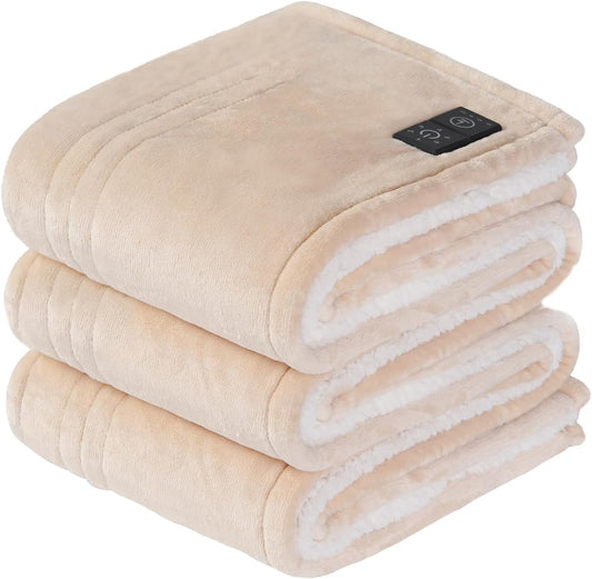 Sealy Heated Blanket Throw with Built-in Button Controller, Reversible Flannel to Sherpa Electric Blanket with 2-10 Hours Auto-Off & 4 Heating Levels, Over-Heat Protection, 50x60 inch, Beige