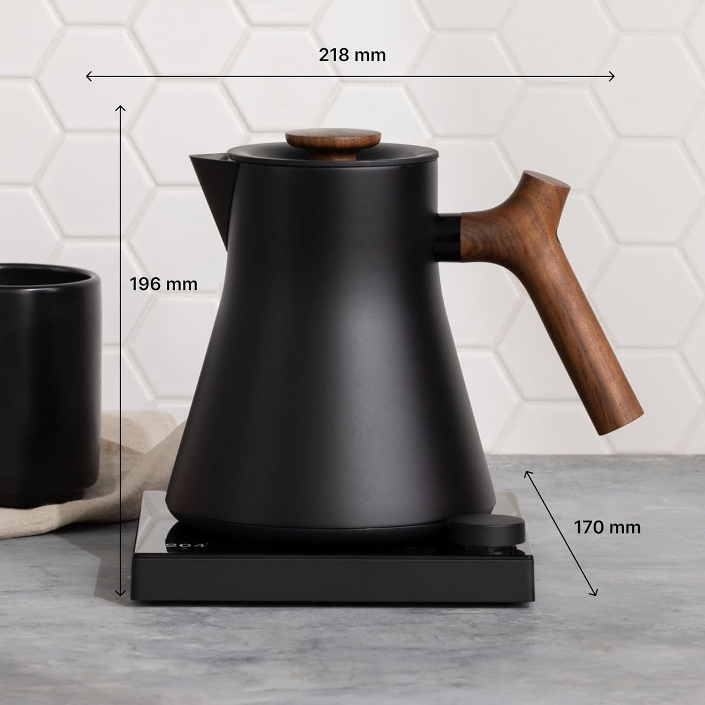 Fellow Corvo EKG Pro Electric Tea Kettle - Quick Heating, Precise Temperature Control Electric Kettle, Scheduling, Built-in Brew Timer for Boiling Water - Matte Black with Walnut Handle - 0.9 Liter