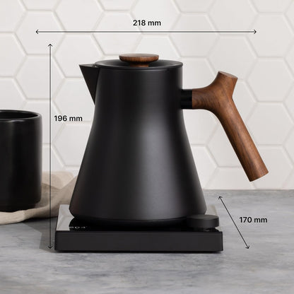 Fellow Corvo EKG Pro Electric Tea Kettle - Quick Heating, Precise Temperature Control Electric Kettle, Scheduling, Built-in Brew Timer for Boiling Water - Matte Black with Walnut Handle - 0.9 Liter