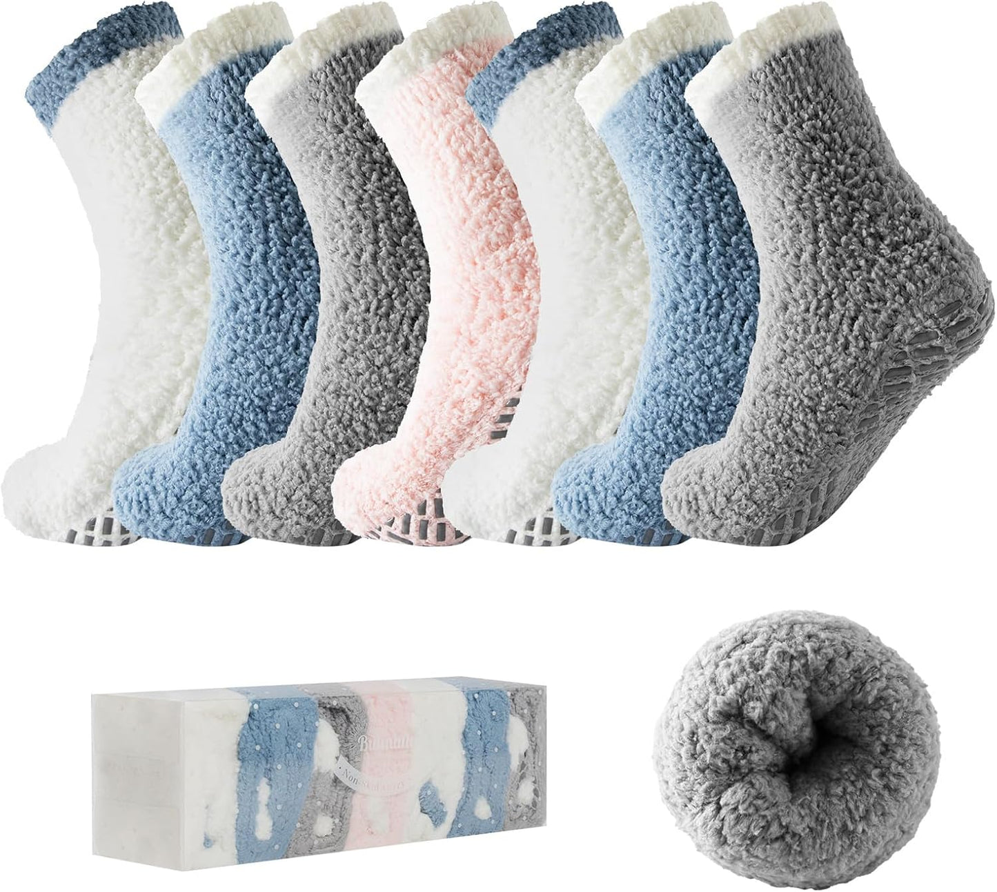 Bulinlulu Fuzzy Socks with Grips Plush Sleep Cozy Winter Soft Hospital Fluffy Socks for Womens Mens Gifts
